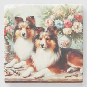 Porta-copo De Pedra Pintura A Óleo De Cachorros Retro