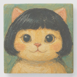 Porta-copo De Pedra Pintura a óleo de gato fofo (#2)