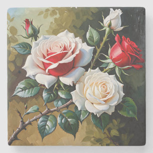 Porta-copo De Pedra Pintura a óleo de rosas rosa branco vermelho bonit