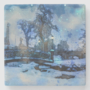 Porta-copo De Pedra Pintura da noite de inverno no parque urbano