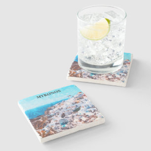 Porta-copo De Pedra Pintura de Aquarela de Grécia Mykonos