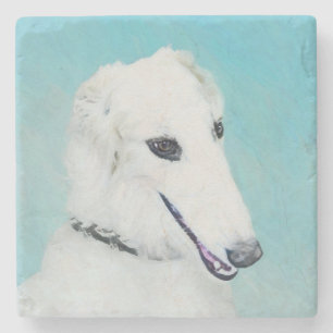 Porta-copo De Pedra Pintura de Borzoi (branca) - Arte de Cachorro Orig