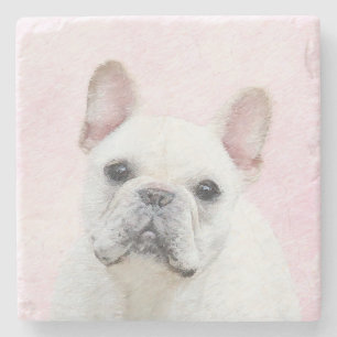 Porta-copo De Pedra Pintura de Bulldog Francês (Cream/Branco) - Arte 
