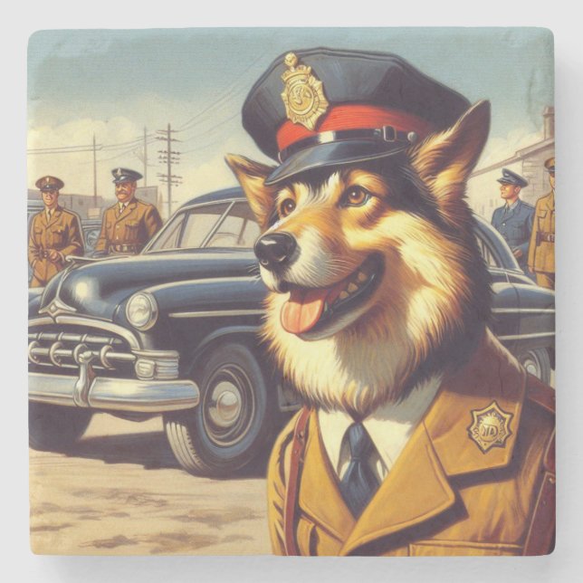 Porta-copo De Pedra Pintura de Cachorro da Polícia de Retro (Frente)