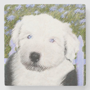 Porta-copo De Pedra Pintura de Cachorro da Raça Old English Sheepdog -
