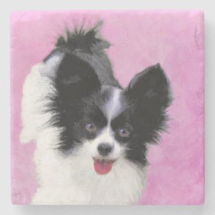 Porta-copo De Pedra Pintura de Papillon (Branco e Preto) - Arte Canina