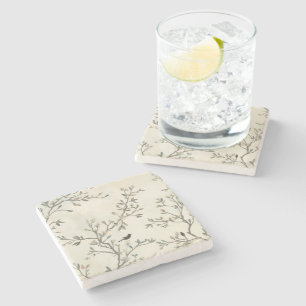 Porta-copo De Pedra Pintura em Aquarela de Galho de Pássaro Bege Natur