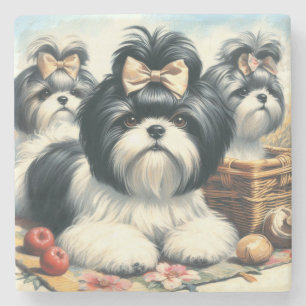 Porta-copo De Pedra Pintura em Cute Vintage Shih-Tzu