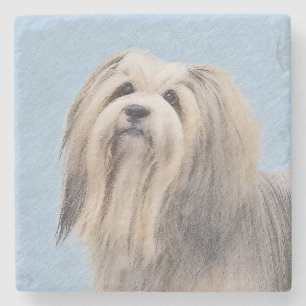 Porta-copo De Pedra Pintura em Havanês (Prata) - Arte Canina Original