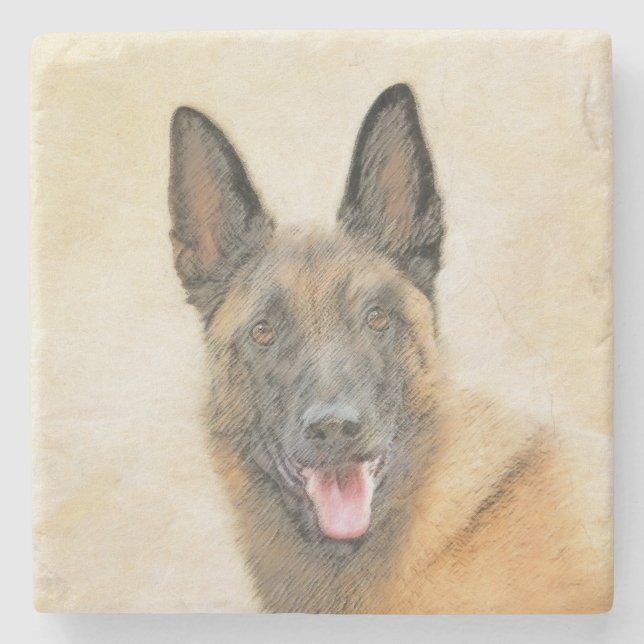 Porta-copo De Pedra Pintura em Malinois Belga - Arte Cachorra Original (Frente)