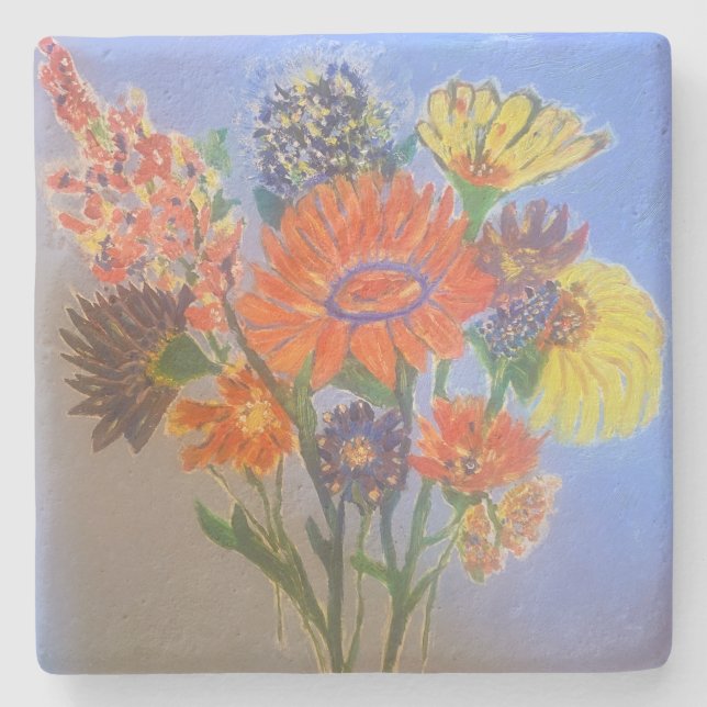 Porta-copo De Pedra Pires Florais com Desenho Pintado (Frente)