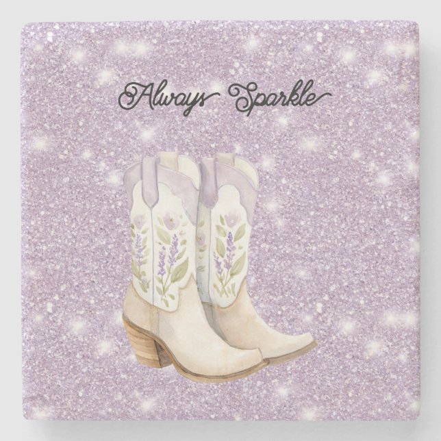 Porta-copo De Pedra Pistachio Lavender Cowgirl Boots Sparkle Glitter (Frente)