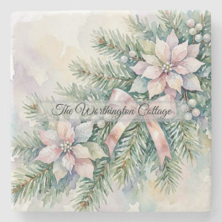 Porta-copo De Pedra Poinsettia Rosa Pastel Pinheiro Aguarela Natal