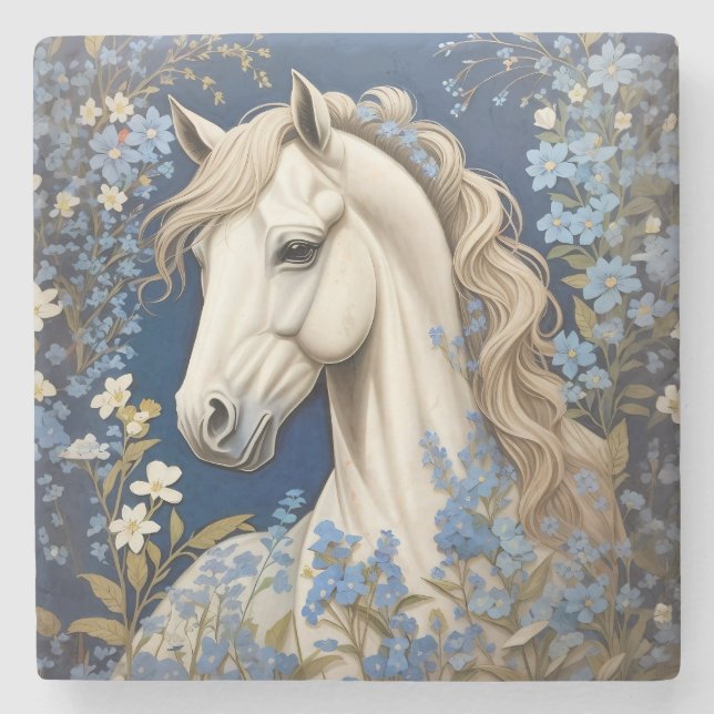 Porta-copo De Pedra Pônea Branca Elegante E Esquece-Me-Nozes (Frente)