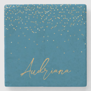 Porta-copo De Pedra Pontos Sparkle de Nome Dourado Personalizado Azul