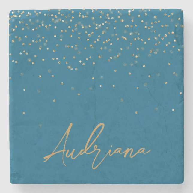 Porta-copo De Pedra Pontos Sparkle de Nome Dourado Personalizado Azul (Frente)