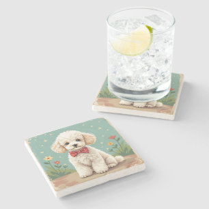 Porta-copo De Pedra Poodle branco adorável com gravata borboleta