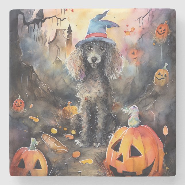 Porta-copo De Pedra Poodle Halloween Com Pumpkins Assustado (Frente)