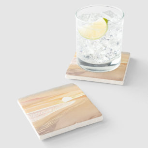 Porta-copo De Pedra Pôr do Sol na Praia Aquarela   Belo Amarelo 