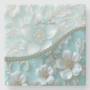 Porta-copo De Pedra Porta copos Teal White Floral Stone