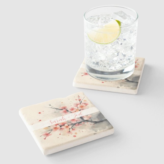 Porta-copo De Pedra Pousa-copos de pedra para casamento Sakura em aqua (Lateral)