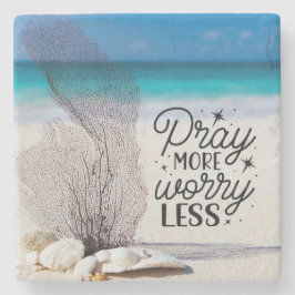 Porta-copo De Pedra "Pray More Worry Less" Seashells on Sandy Beach