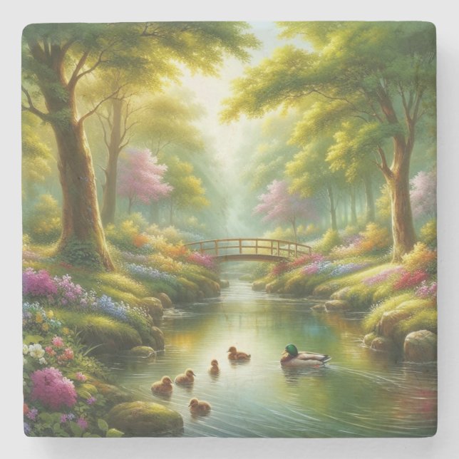 Porta-copo De Pedra Primavera com patos/flores (Frente)