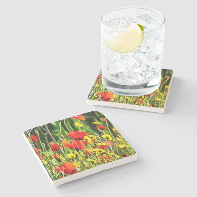 Porta-copo De Pedra Primavera Poppies E Pintura Da Flor De Prados (Lateral)
