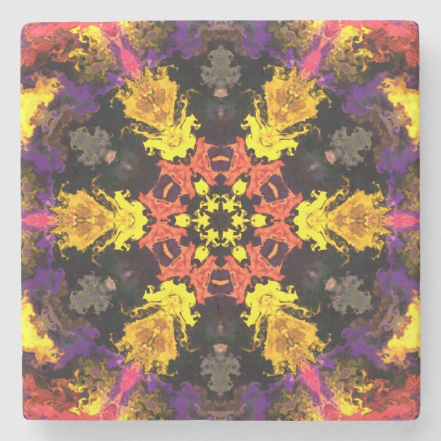 Porta-copo De Pedra Psicodélico Flor Vermelho Amarelo e Roxo (Frente)