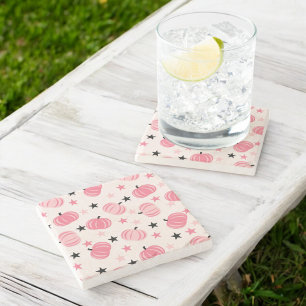 Porta-copo De Pedra Pumpkin rosa e preto com estrelas Halloween e outo