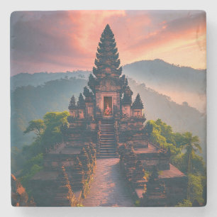 Porta-copo De Pedra Pura Senja Bali - “Templo de Bali ao Pôr do Sol”