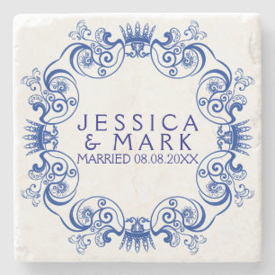 Porta-copo De Pedra Quadro Floral Azul-Marinho Elegante