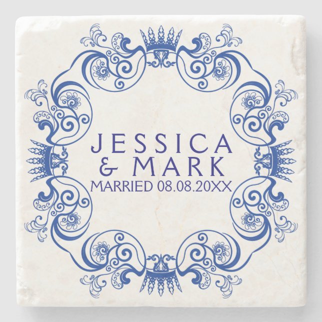 Porta-copo De Pedra Quadro Floral Azul-Marinho Elegante (Frente)