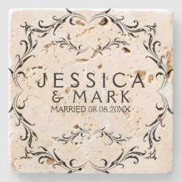 Porta-copo De Pedra Quadro Floral Preto Elegante