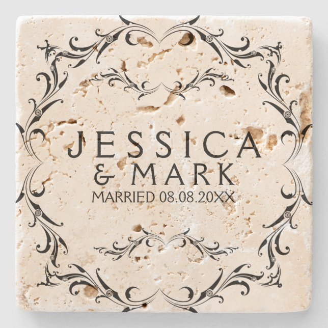 Porta-copo De Pedra Quadro Floral Preto Elegante (Frente)