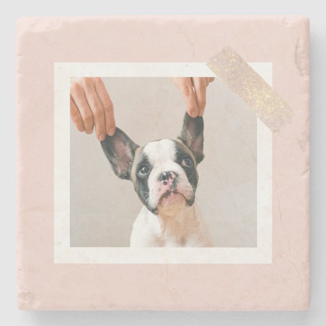 Porta-copo De Pedra Quadro Rosa Pastel Moderno | Foto de Cachorro Pess (Frente)