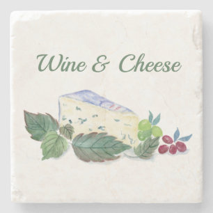 Porta-copo De Pedra Queijo Azul Aquarela Com Uvas Vinho E Queijo