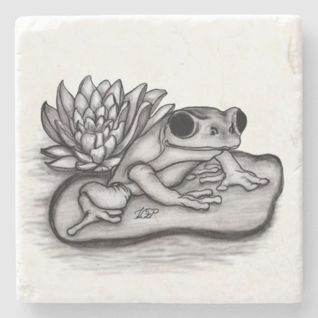 Porta-copo De Pedra Rã com Flor de Lotus (Frente)