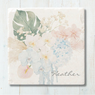 Porta-copo De Pedra Ramalhete Floral de Flores Tropicais em Aquarela M