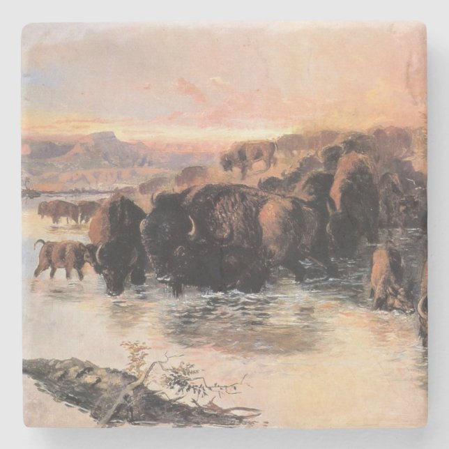 Porta-copo De Pedra Rebanho de Búfalos (por Charles M. Russell) (Frente)