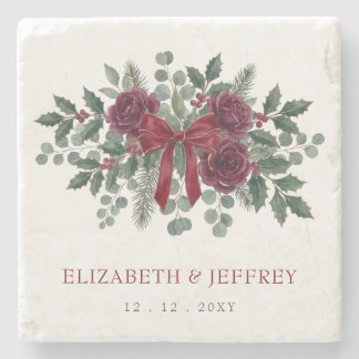 Porta-copo De Pedra Red Bow Botanical Floral Winter Christmas Wedding