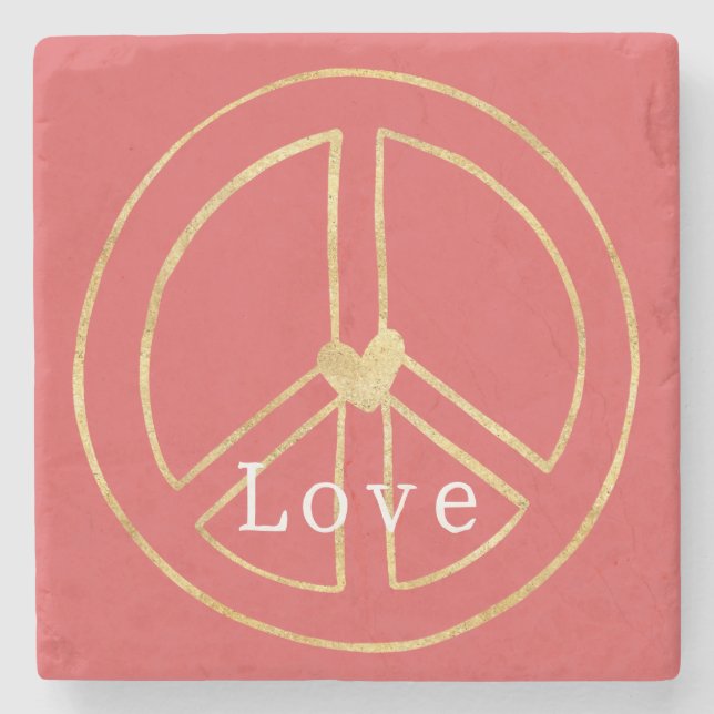Porta-copo De Pedra Red Gold Heart Peace Sign Love Valentine's Day (Frente)