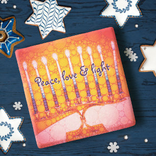 Porta-copo De Pedra Red Hanukkah Menorah Peace Love Light Script Bold