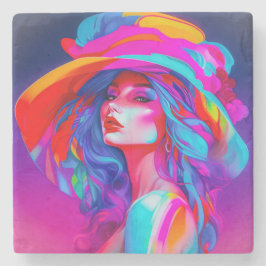 Porta-copo De Pedra Retrato de Arte Pop Neon