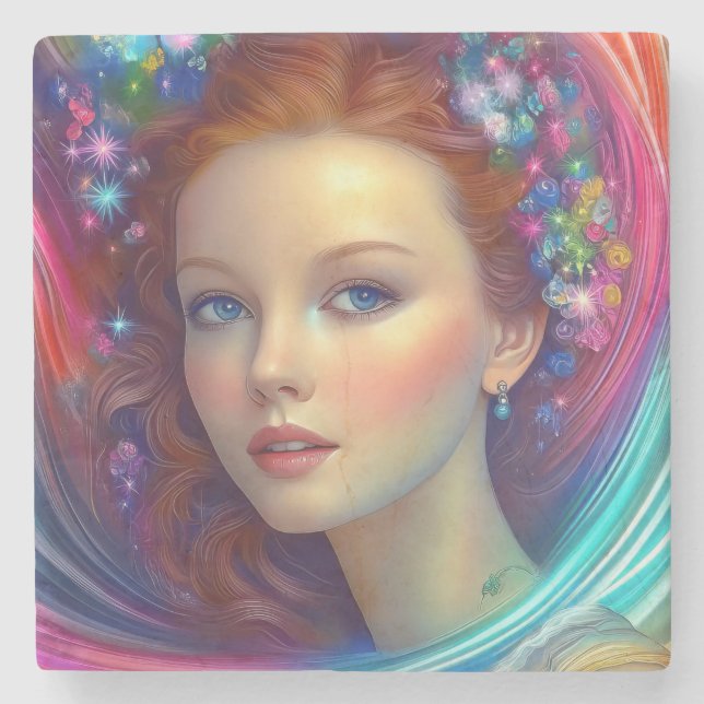 Porta-copo De Pedra Retrato do Cabelo Arco-Íris Encantado (Frente)