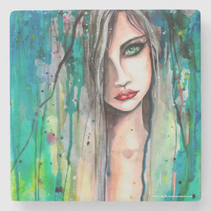 Porta-copo De Pedra Retrato em Aquarela de Arte Fantasia Mulher Modern
