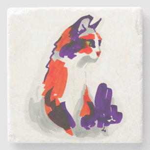 Porta-copo De Pedra Retrato Gato - Arte Gráfica Negrito Laranja e Viol