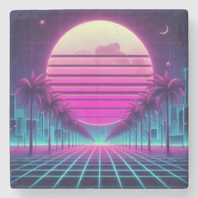 Porta-copo De Pedra retrô, 80 anos lua neon/palmas (Frente)