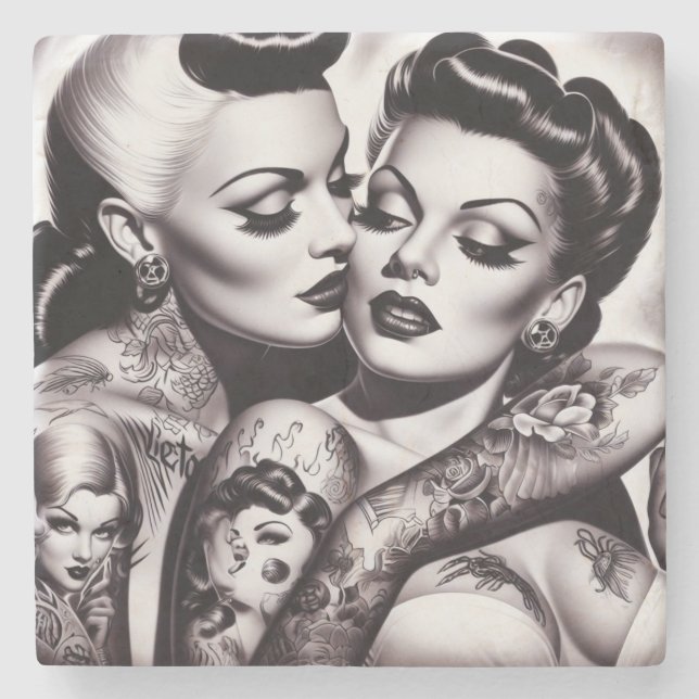 Porta-copo De Pedra Retro Glam Tattoo Girls (Frente)