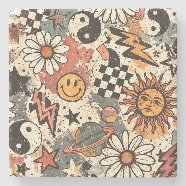 Porta-copo De Pedra Retro Groovy Smiley Sun Daisy Psychedelic Pattern (Frente)